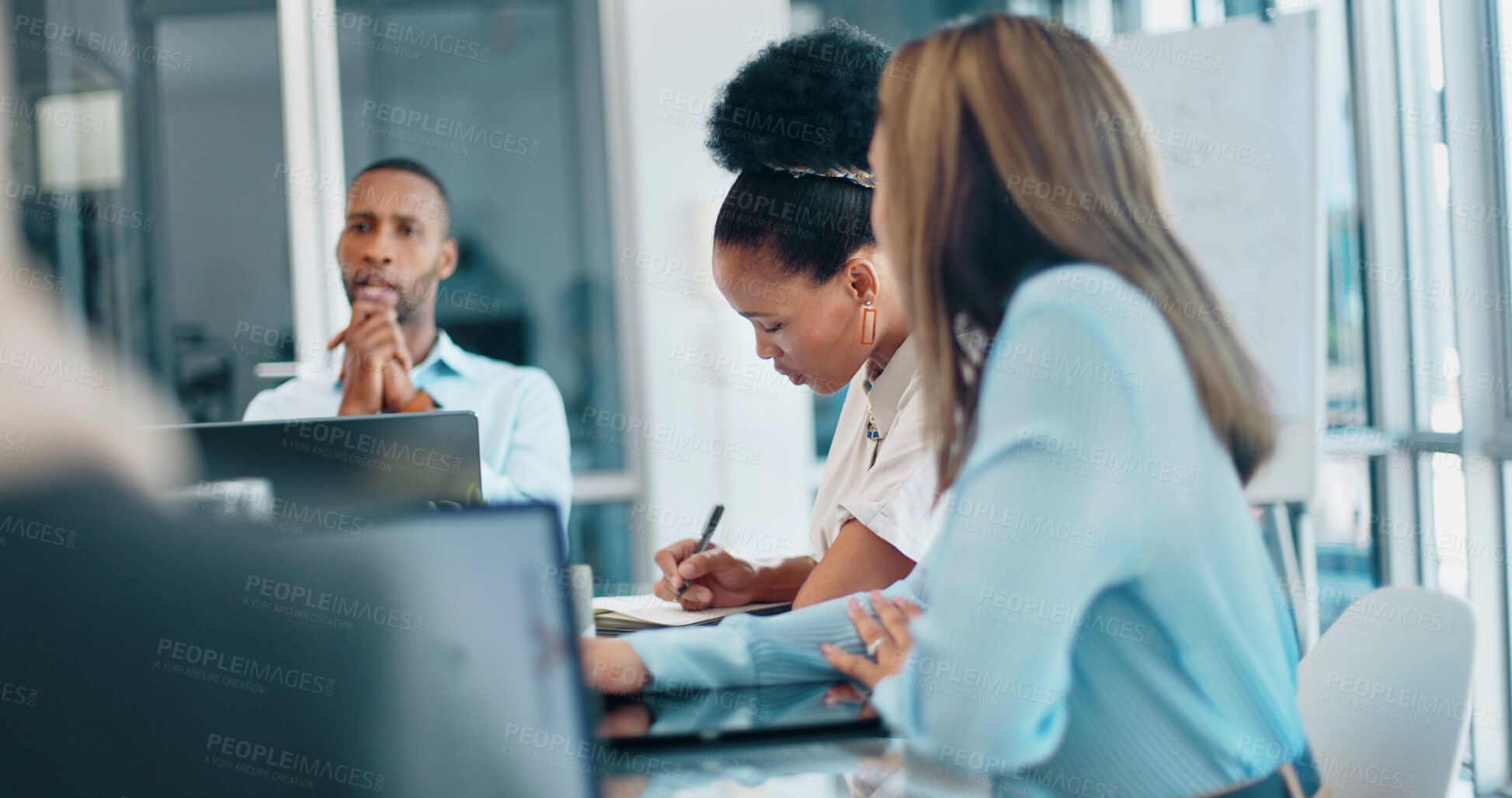 Buy stock photo Teamwork, summary or business people in meeting on laptop for analytics, planning or research. Writing notes, discussion or group collaboration in office on tech for communication, feedback or review