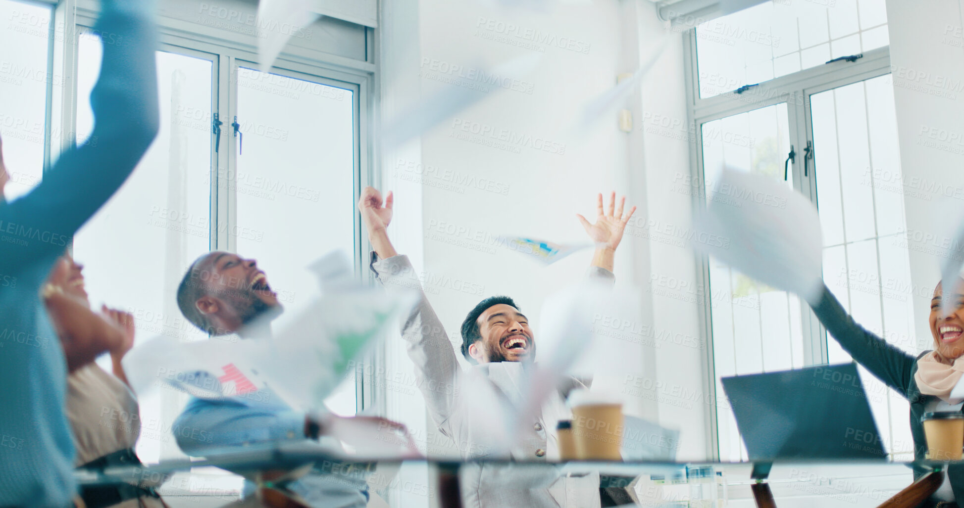 Buy stock photo Paperwork, success or excited business people throw papers into air in meeting for winning or teamwork. Yes, wow or group of happy employees in celebration of target, bonus or goal with documents 