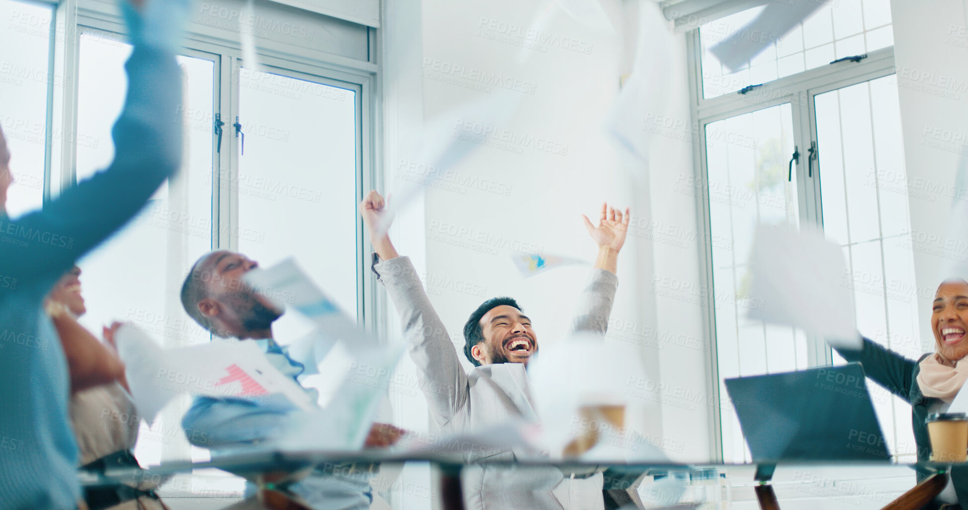 Buy stock photo Paperwork, success or happy business people throw papers into air in meeting for winning or teamwork. Yes, wow or group of excited employees in celebration of target, bonus or goal with documents