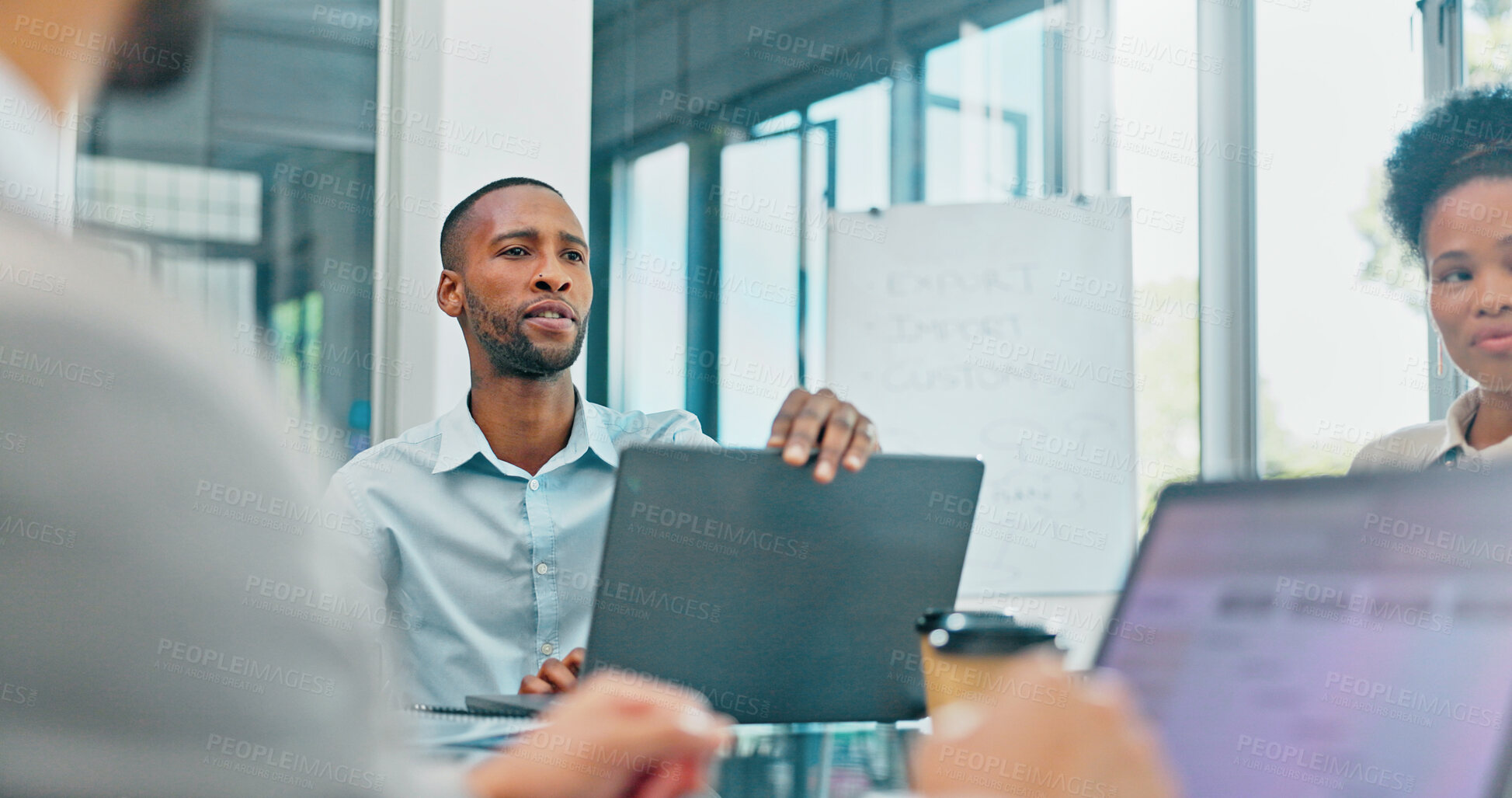 Buy stock photo Discussion, black man or business people in meeting on laptop for data analytics or project management. Research, group planning or team collaboration for communication, feedback or online review