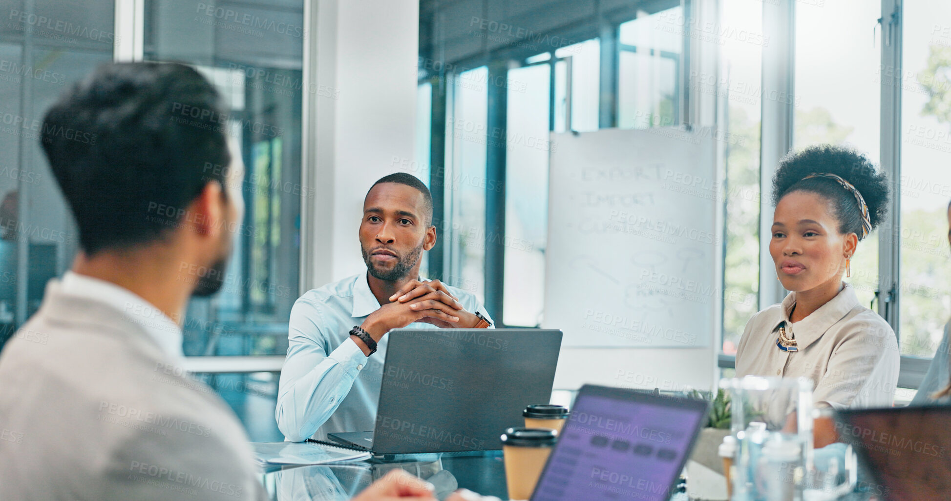 Buy stock photo Planning, black man or business people in meeting on laptop for analytics, mission or research. Project management, teamwork or group collaboration on tech for agenda, discussion or team feedback