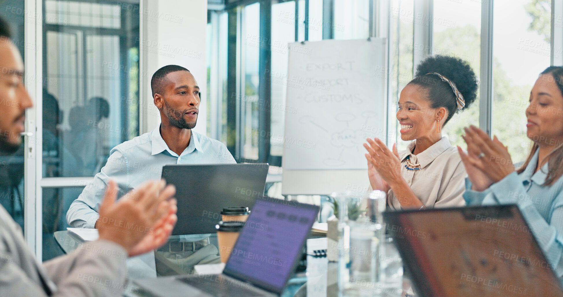 Buy stock photo Meeting, teamwork and applause with a group of business people in a boardroom together for support. Collaboration, motivation or diversity with an employee team clapping in the office for a success