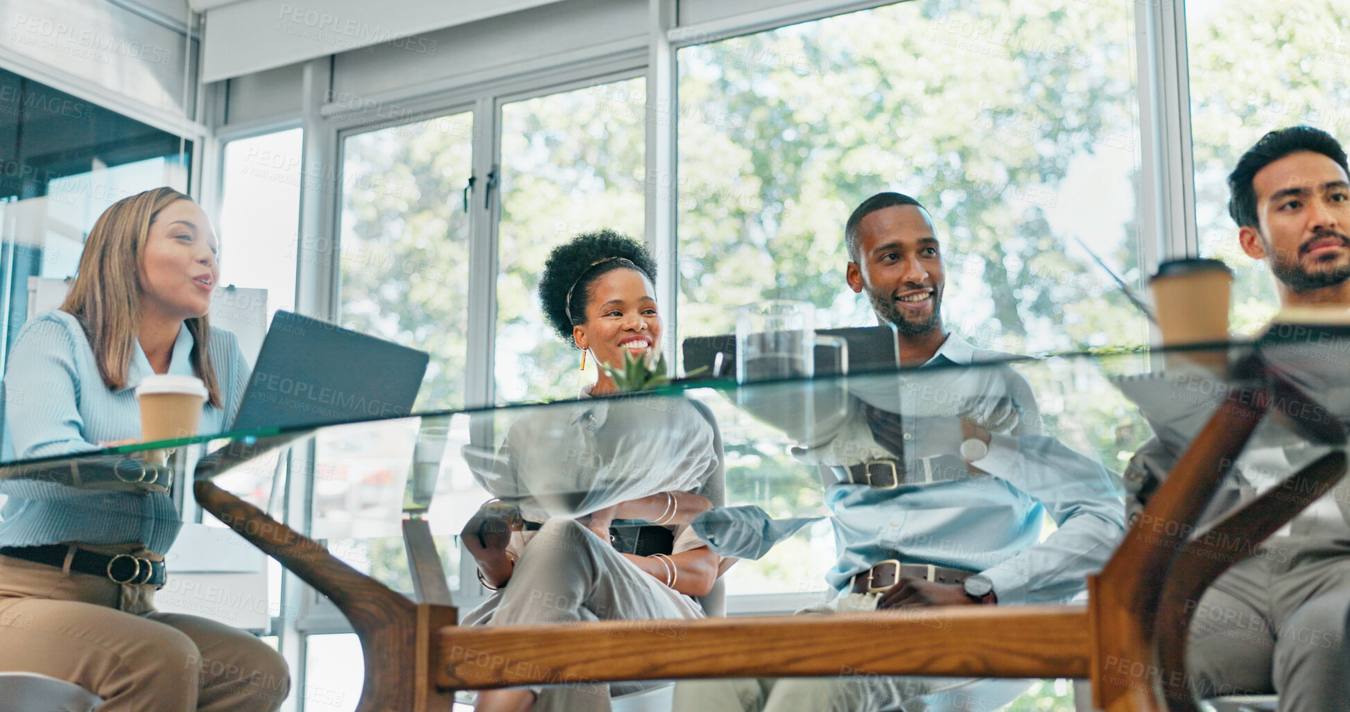 Buy stock photo Meeting, teamwork and diversity with a group of business people in a boardroom together for strategy. Collaboration, technology or planning with an employee team in an office for game plan discussion