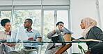 Business people, meeting and planning for strategy, brainstorming or schedule in the boardroom. Group of employee workers sharing ideas in team discussion, project plan or collaboration at the office