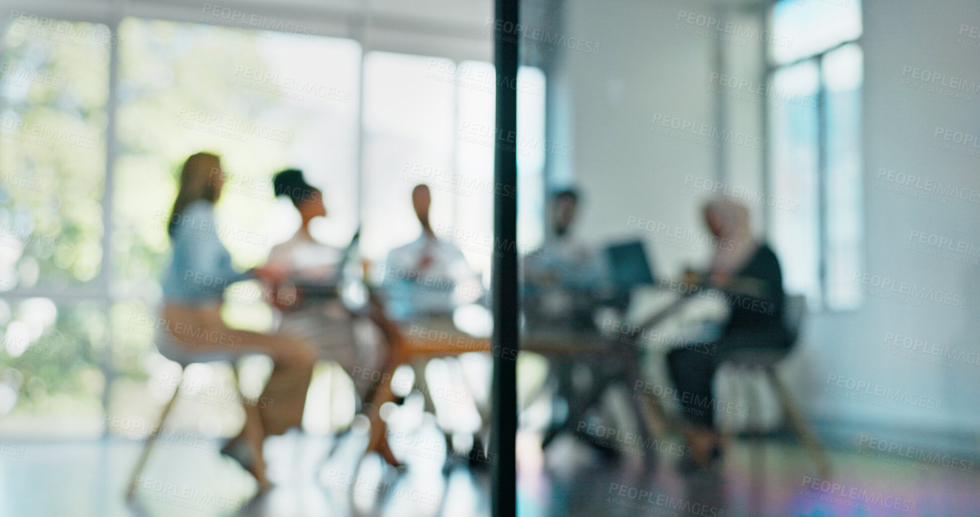 Buy stock photo Blurred background, meeting for planning and a business team in the boardroom together for collaboration. Teamwork, management and growth with a professional employee group in a corporate office