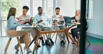 Business people, meeting and planning for strategy, brainstorming or schedule in the boardroom. Group of employee workers sharing ideas in team discussion, project plan or collaboration at the office
