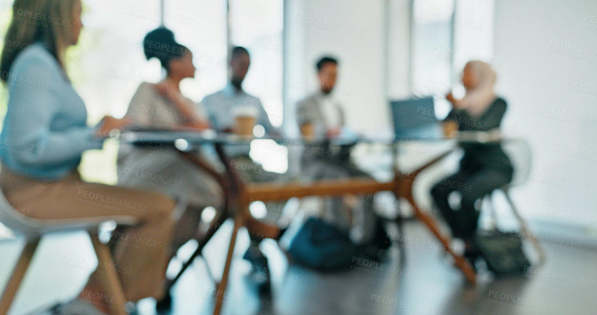 Buy stock photo Blur, corporate meeting and staff brainstorming in office boardroom, speaking and share ideas. Planning, team and employees working on strategy, confirm client budget and collaboration in workplace