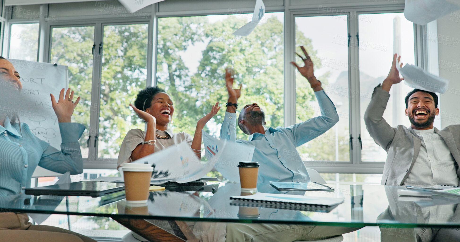 Buy stock photo Team, meeting and celebration with documents in air for success on deal, collaboration and staff applause. Office, goals and business people cheering with pride for winning achievement and paperwork