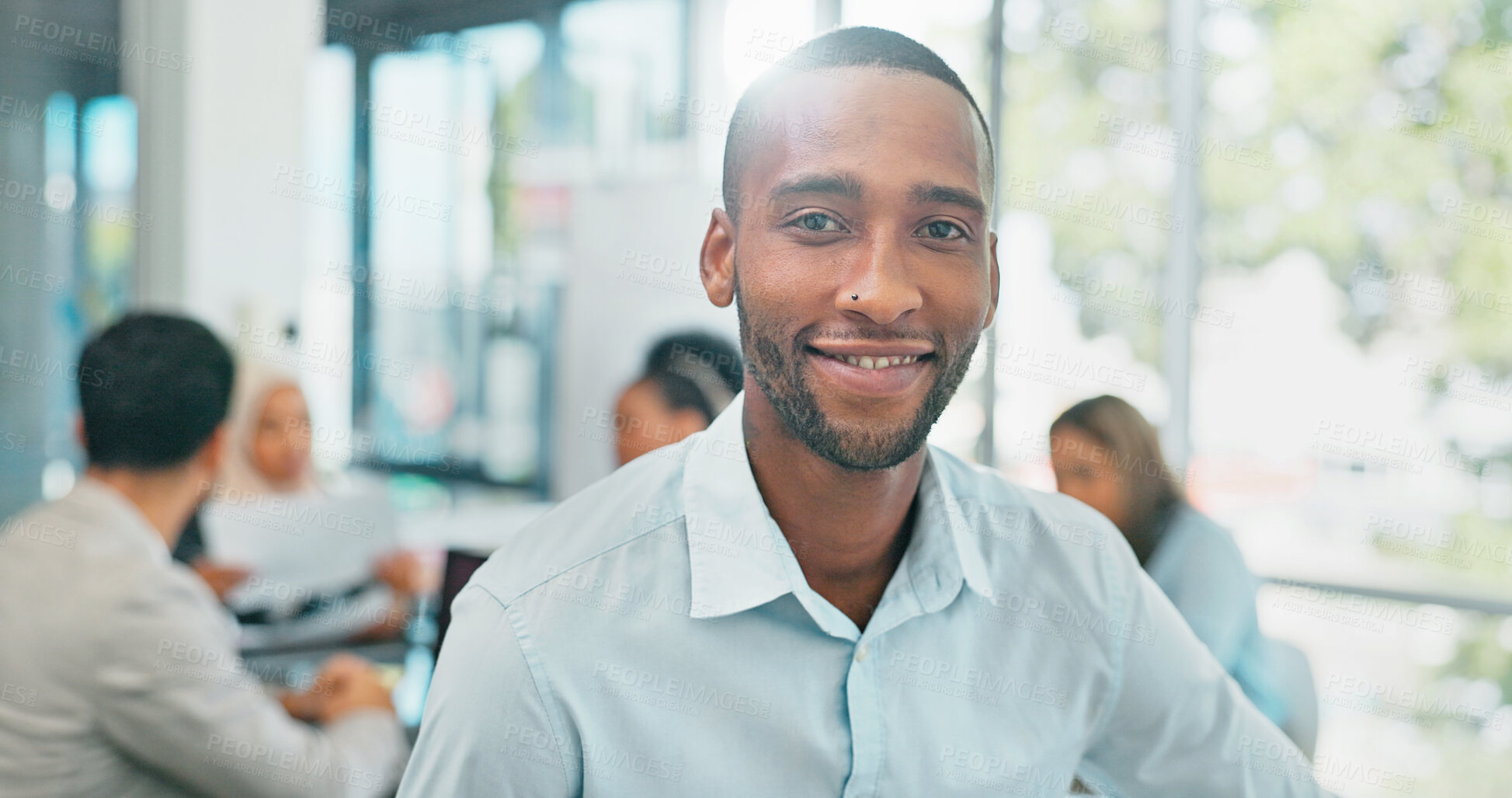 Buy stock photo Portrait, happy and black man with business, meeting and sales agent with planning, corporate and office. Face, African person and employee with staff, cooperation and workplace with professional