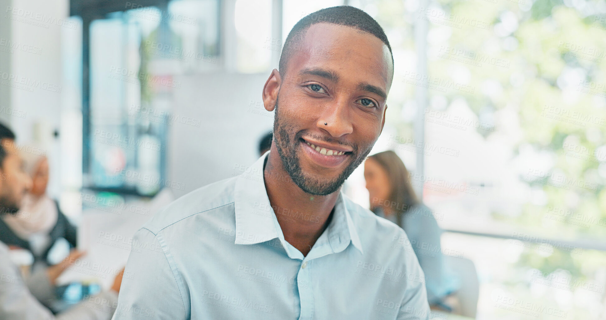 Buy stock photo Portrait, smile and black man with business, meeting and sales agent with planning, career and ambition. Face, African person and happy employee with staff, cooperation and office with professional