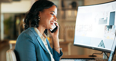 Phone call, consulting and night with business woman at computer for planning, networking and digital marketing. Leadership, management and deal with employee in office for help, review and website