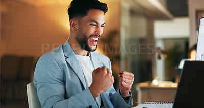 Happy businessman, laptop and celebration for winning, deal or promotion at the office desk. Excited male celebrating victory, win or bonus for sales achievement working on computer at the workplace