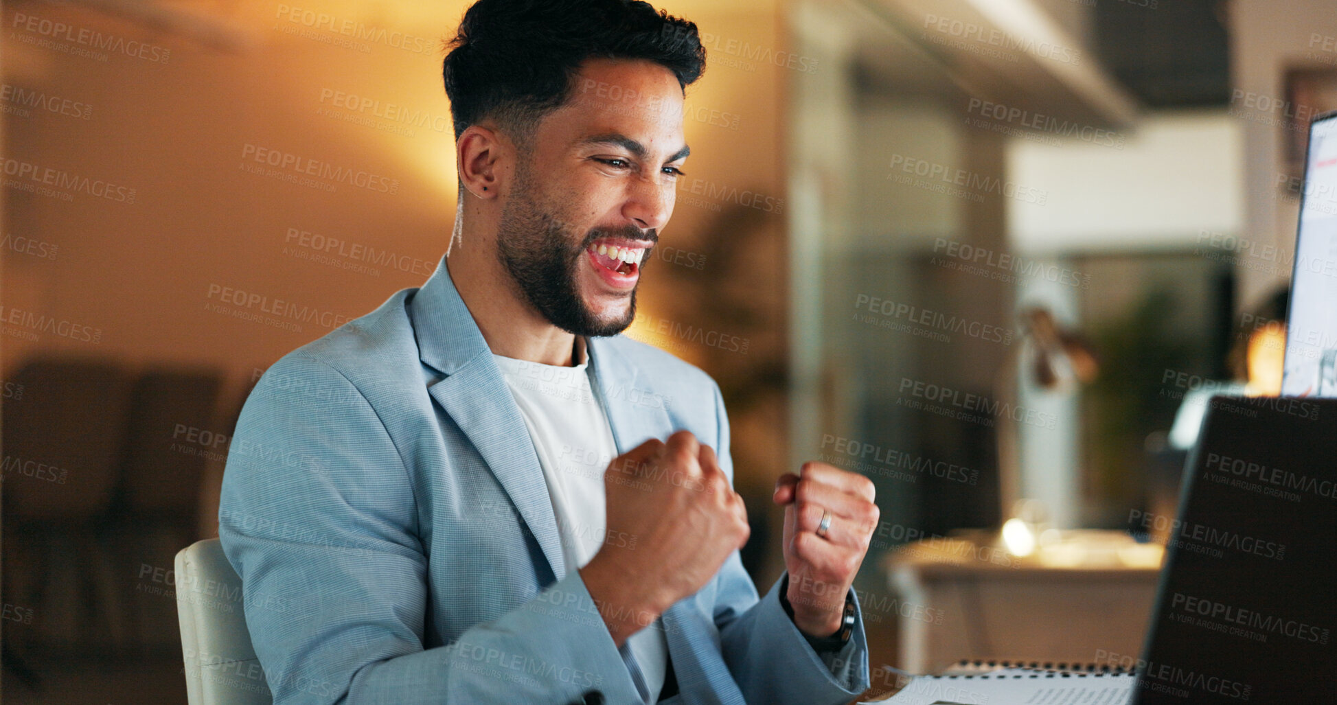Buy stock photo Laptop, news and business man in office with celebration, happy and success fist, promotion or bonus. Excited, face and male investor with wow smile for crypto, growth or trading, deal or sale target