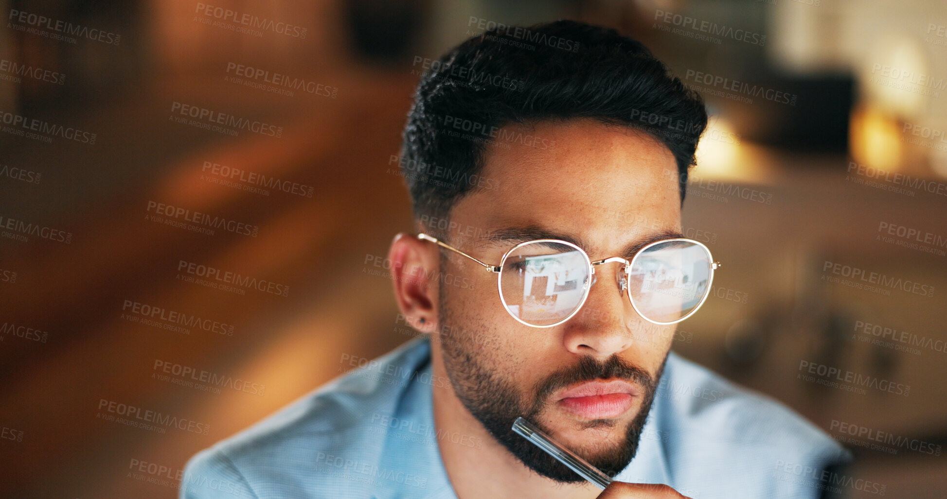 Buy stock photo Night, reflection and glasses of businessman at computer for digital, software and web design programming. Strategy, designer and coding with employee in office and overtime for cybersecurity network
