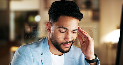 Stress, headache and businessman working on a computer for a project with a deadline in the office. Technology, frustration and professional male employee planning corporate report on pc in workplace