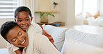 Love, mother and excited child hug playing together bonding in bedroom at house. Happy black woman and baby affection smile, trust and support care or enjoy spending quality time at family home