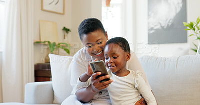 Surprise, phone and black family bonding on sofa in house or home living room with fun education, learning or esports game. Smile, happy or shocked mother and child on mobile technology with wow face