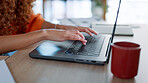 Corporate woman hands, laptop and typing email communication online. Young businesswoman, internet working 5g communication technology and program networking on work computer keyboard in office