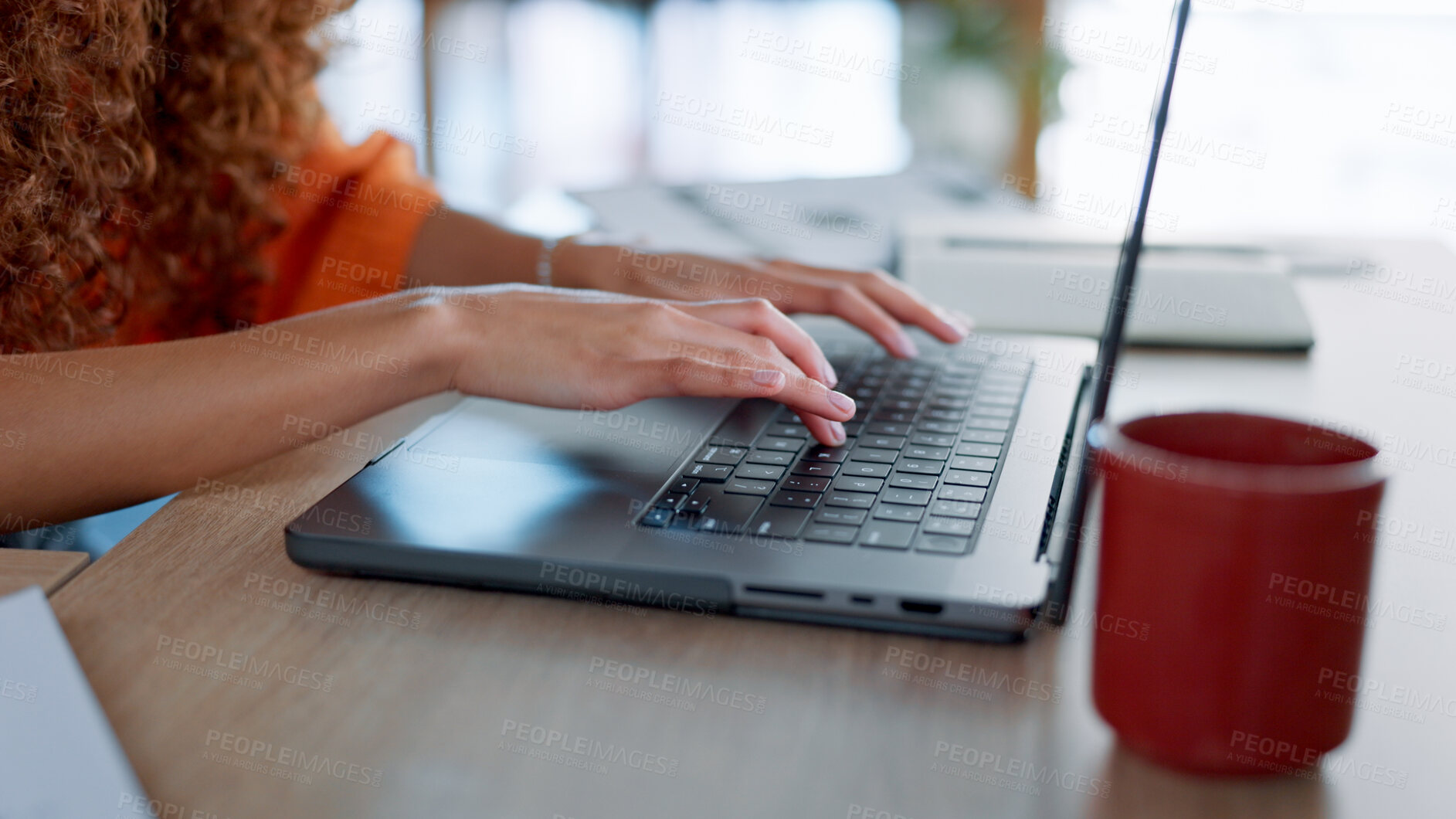 Buy stock photo Business, hands and woman with a laptop, typing and connection with research, website information or professional. Closeup, person or employee with a pc, communication or online reading with internet