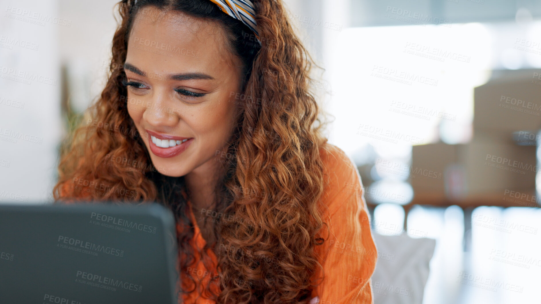 Buy stock photo Ecommerce, small business or happy designer on laptop for research, email or website review in retail. Technology, woman or face of fashion entrepreneur in warehouse reading feedback, update or blog