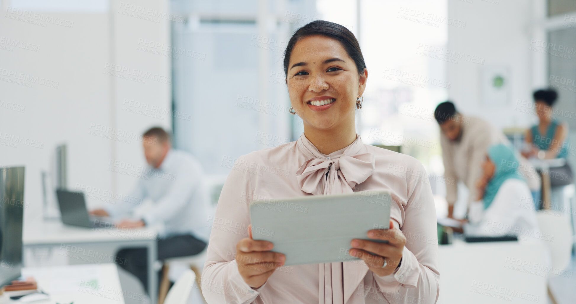 Buy stock photo Face, tablet and asian business woman in office for leadership, research and internet with smile. Technology, professional and touchscreen for planning, graphic design and innovation in workplace
