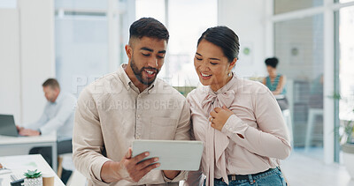 Buy stock photo Tablet, planning and teamwork with business people in the office together for a strategy discussion. Technology, teamwork or diversity with a man and woman employee team in a workplace in Asia