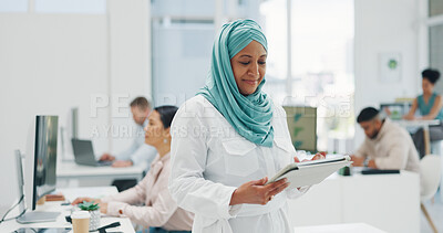 Buy stock photo Muslim woman, tablet and hijab in research, networking of communication for schedule planning at office. Islam, female person or creative employee working on technology for online strategy or startup