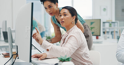 Buy stock photo Business women, helping and computer for communication with documents, goals and kpi for teamwork planning. People, paper and training at investment agency with data, collaboration and work research