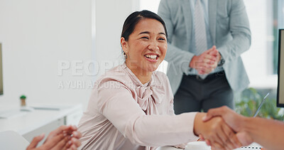 Handshake, applause or woman with success for meeting sales growth target or kpi goals with a marketing strategy. Computer, congratulations or happy worker shaking hands with excited business people