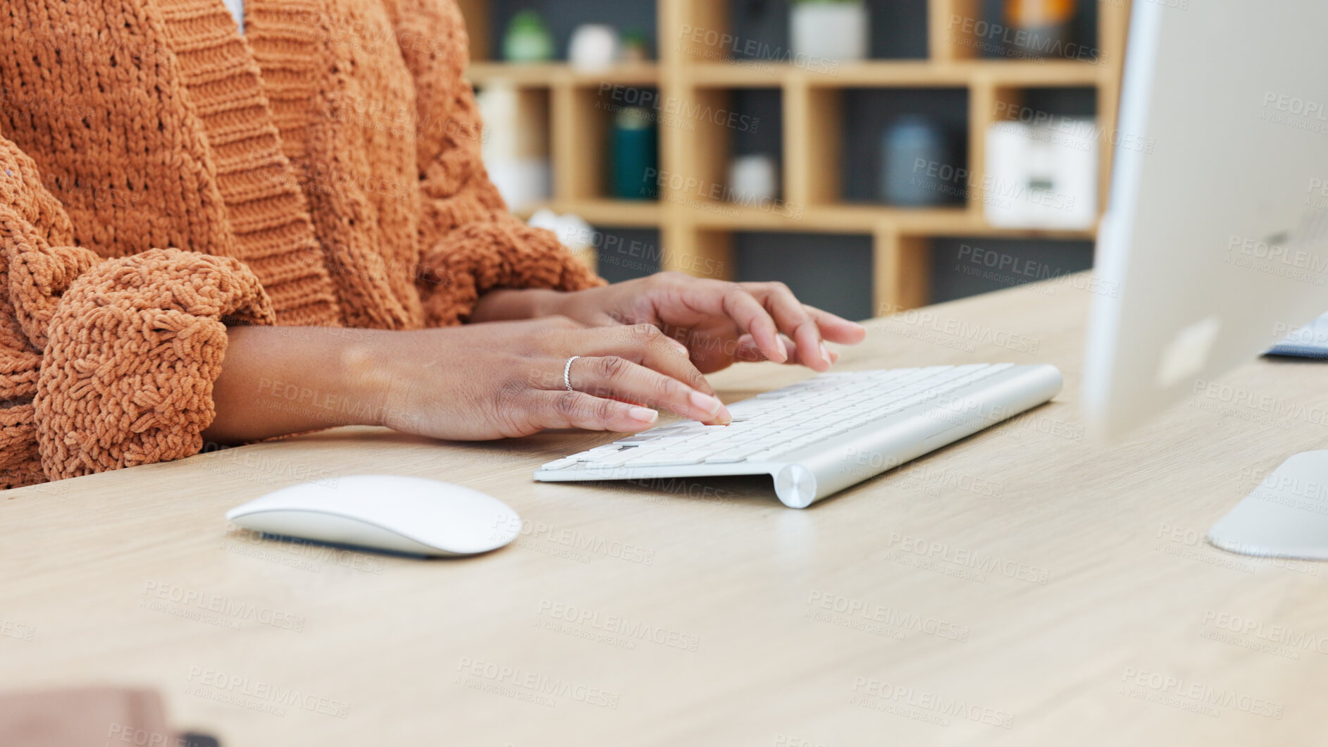 Buy stock photo Woman, hands or closeup typing at desk in home office, freelance employee or online research. Female remote worker, creative article and journalist keyboard for internet at desk for writing or email