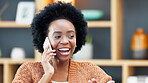 Business woman answering her phone, smiling, laughing and chatting in the office. Happy female designer making a phonecall to a customer, client or colleague to discuss and brainstorm creative ideas