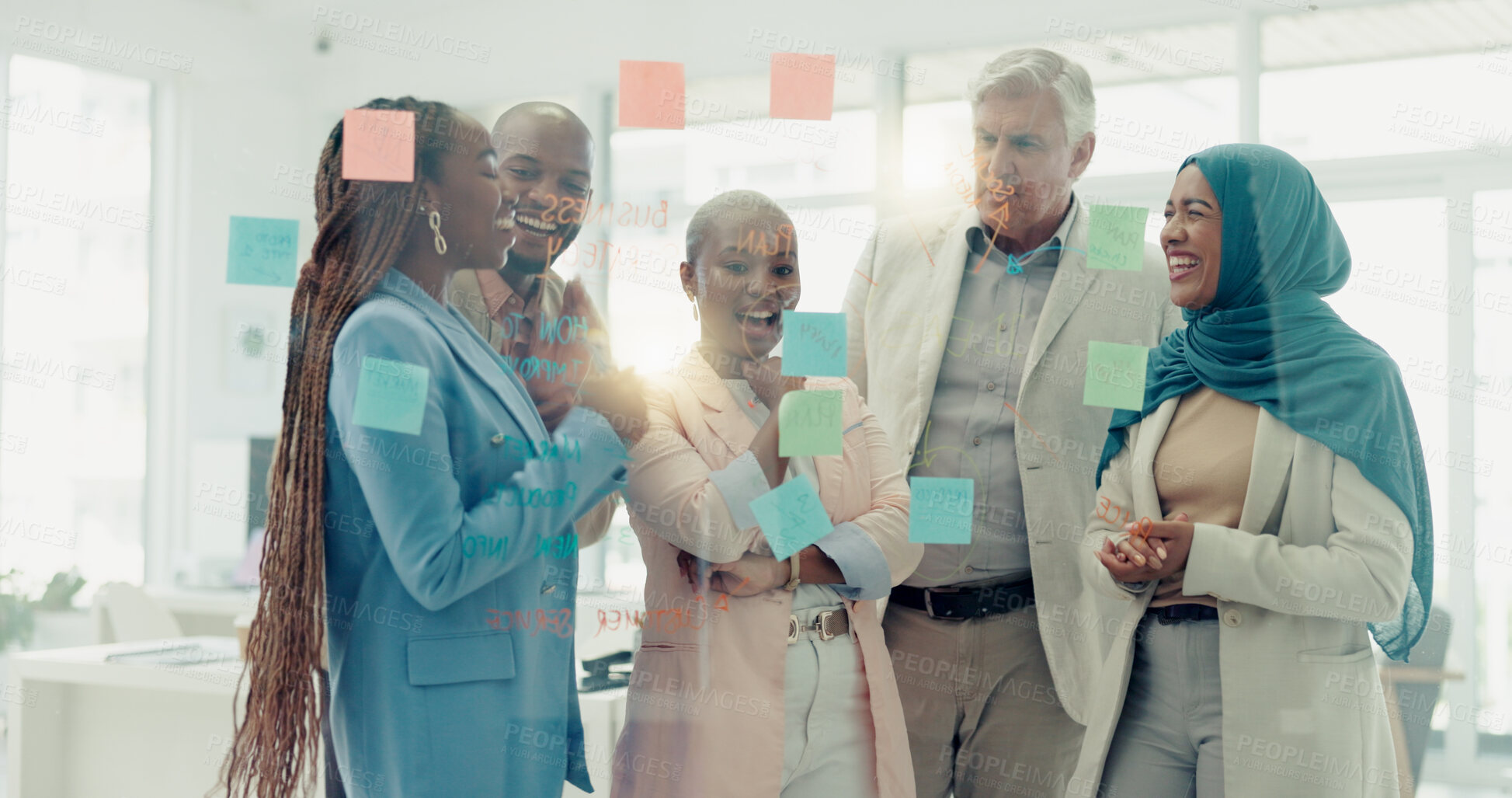 Buy stock photo Meeting, coaching and sticky notes on glass in the office with a business team talking about strategy. Teamwork, planning and collaboration with a black woman leader teaching her staff at work