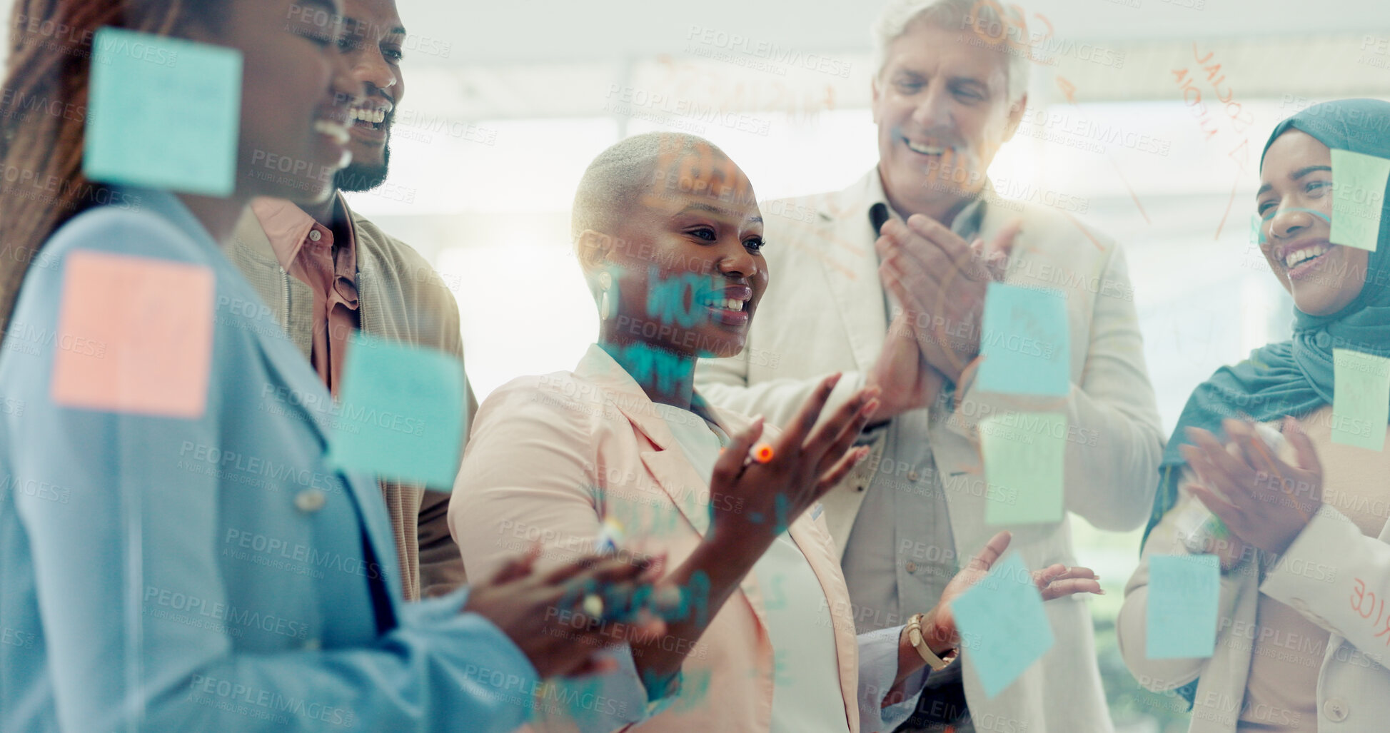 Buy stock photo Meeting, collaboration and sticky notes on glass in the office with a business team talking about strategy. Teamwork, planning and coaching with a black woman leader teaching her staff at work