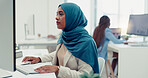 Muslim, business woman and typing on computer in office, startup company and digital management, internet planning and strategy review. Employee with islamic hijab working online for seo website tech