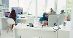 Computer, documents or Muslim startup woman research review, data analysis or company KPI growth report. Technology, creative or female employee typing calendar agenda, marketing or social media SEO