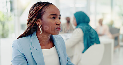Business, computer and working black woman in office reading, typing and review online marketing strategy. Research, technology and female employee with focus, concentration and busy with project