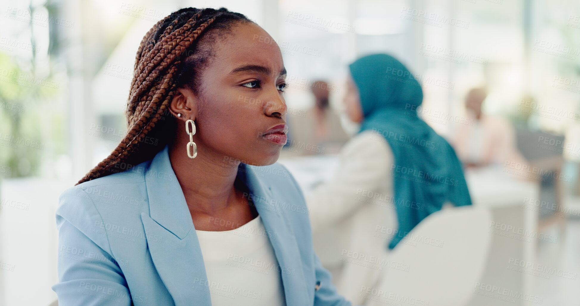 Buy stock photo Black woman, reading and report on computer in office and typing research, review or analysis of marketing strategy. Online, planning and employee with email, communication or project in Nigeria