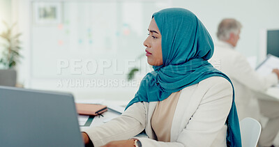 Muslim, business woman and typing on computer in office, startup company and digital management, internet planning and strategy review. Employee with islamic hijab working online for seo website tech