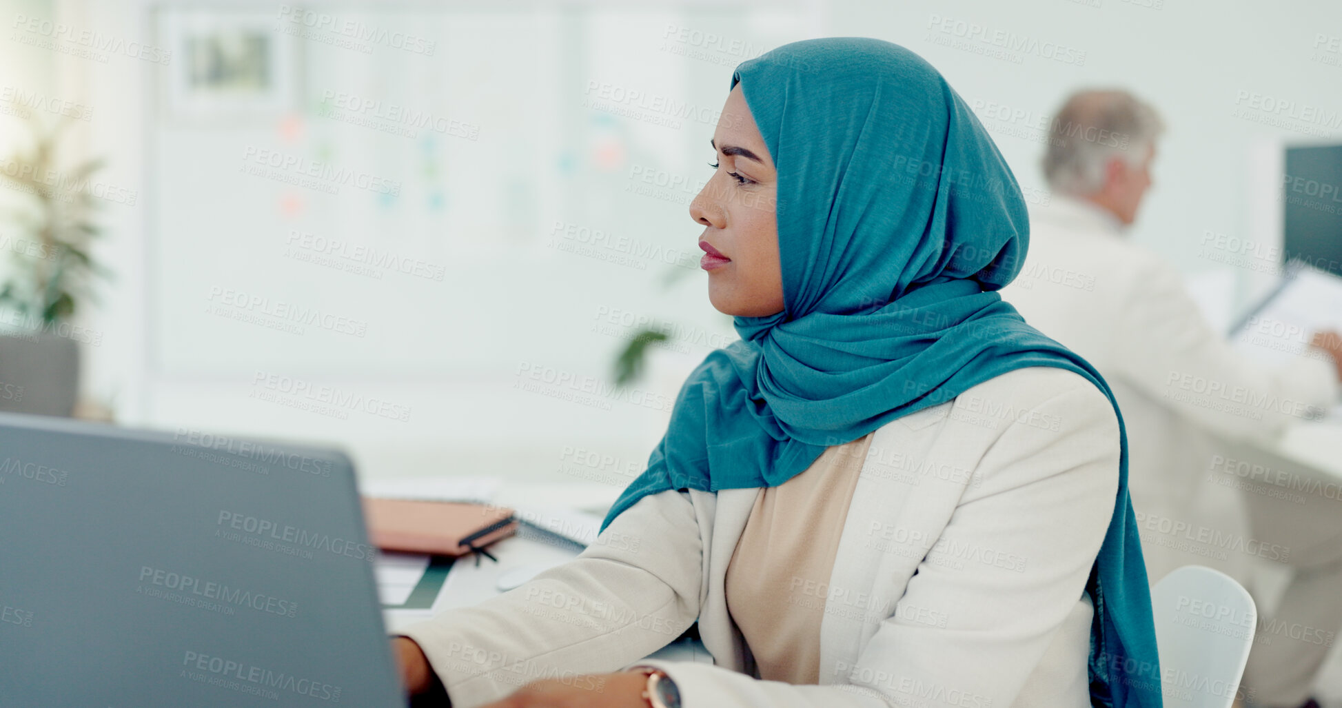 Buy stock photo Islamic woman, employee and thinking with laptop, ideas or startup with internet, solution or review. Muslim person, consultant or business with a pc, planning or problem solving with opportunity