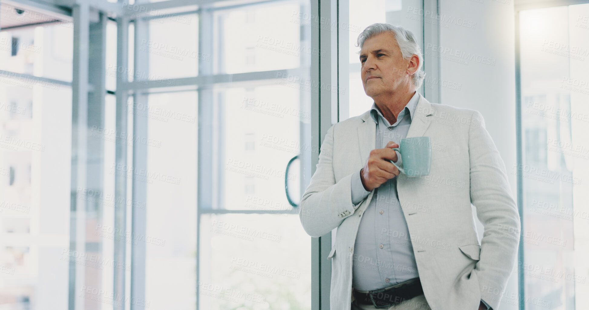 Buy stock photo Businessman at office window with coffee, thinking and relax at workplace with ideas, inspiration and memory. Boss CEO or senior manager with drink, insight and reflection on future business decision