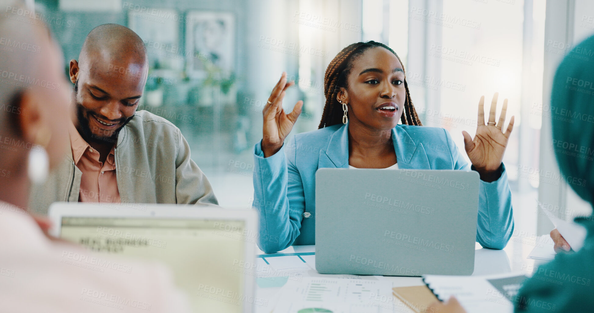 Buy stock photo Business meeting, diversity team and laptop with talking, planning and brainstorming in collaboration at corporate office. Accounting, men and women at table for finance, budget report and growth