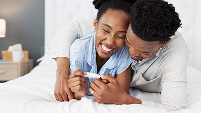 African couple, pregnancy test and planning for baby together in home, talking about happy news on bed and conversation about child in bedroom. Start of family for man and woman in marriage at house