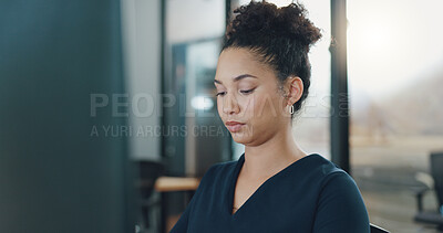 Buy stock photo Computer, face and a black woman human resources manager typing an email for recruitment or job vacancy. Business, research or report with a young employee working on a desktop pc in the office