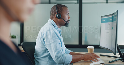 Business, black man and call center for customer service, telemarketing and typing in office. Agent, consultant and African American male with computer, digital marketing, help and online support.