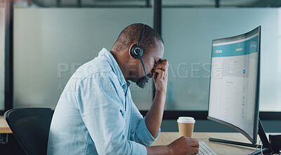 Call center, black man and headache on computer from stress, burnout and desktop glitch, pain and crisis. Frustrated telemarketing consultant tired of pc web problem, poor sales service and challenge