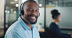 Call center, customer support and face of black man at desk working on computer, online and telemarketing. Crm, contact us and portrait of consultant for friendly service, help and customer service