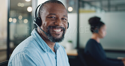 Call center, customer support and face of black man at desk working on computer, online and telemarketing. Crm, contact us and portrait of consultant for friendly service, help and customer service