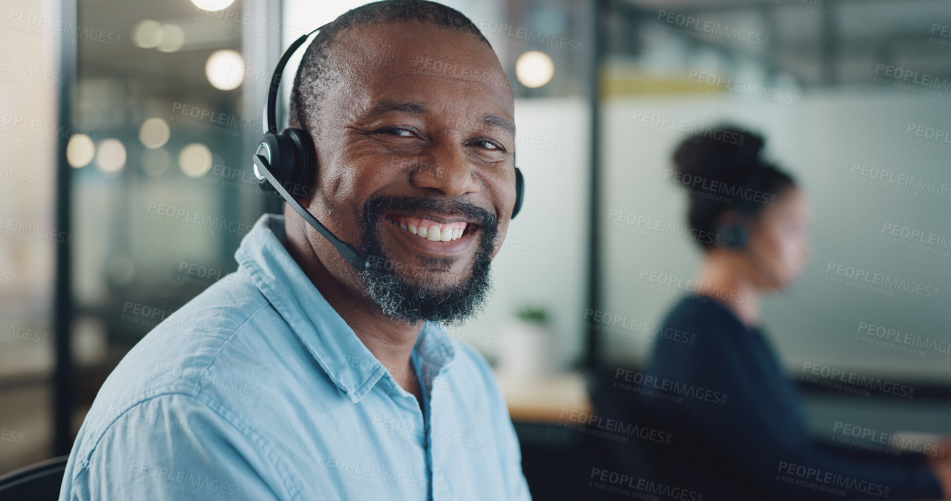 Buy stock photo Business man, call center and consultant portrait for communication and technical support, website or software. Happy face of african agent or professional IT advisor for night solution in office