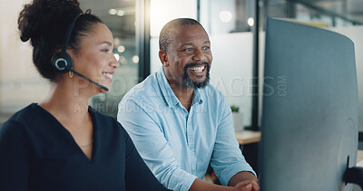 Call center, black man and training woman, telemarketing intern and crm customer service consultant on computer software in office agency. Business people, sales mentor and coaching for tech solution