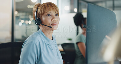 Call center, customer service and woman in office thinking while consulting. Telemarketing, customer support and female consultant, sales agent or employee reading on computer and working on ideas.